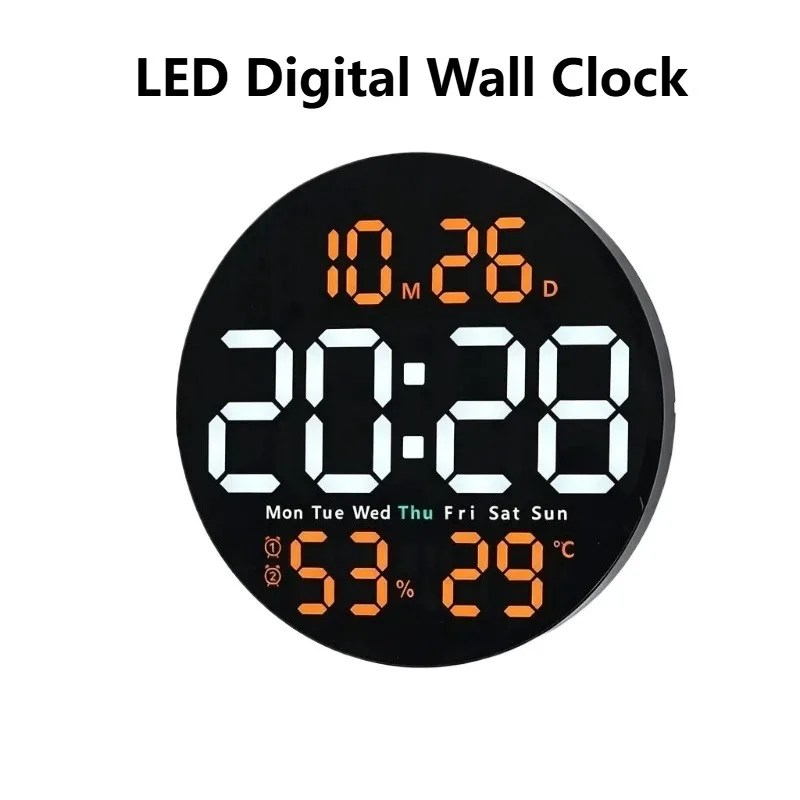 LED Electronic Alarm Clock Wall Clock Adjustable Brightness Thermometer Hygrometer Week Display Home Desk Wall Clock