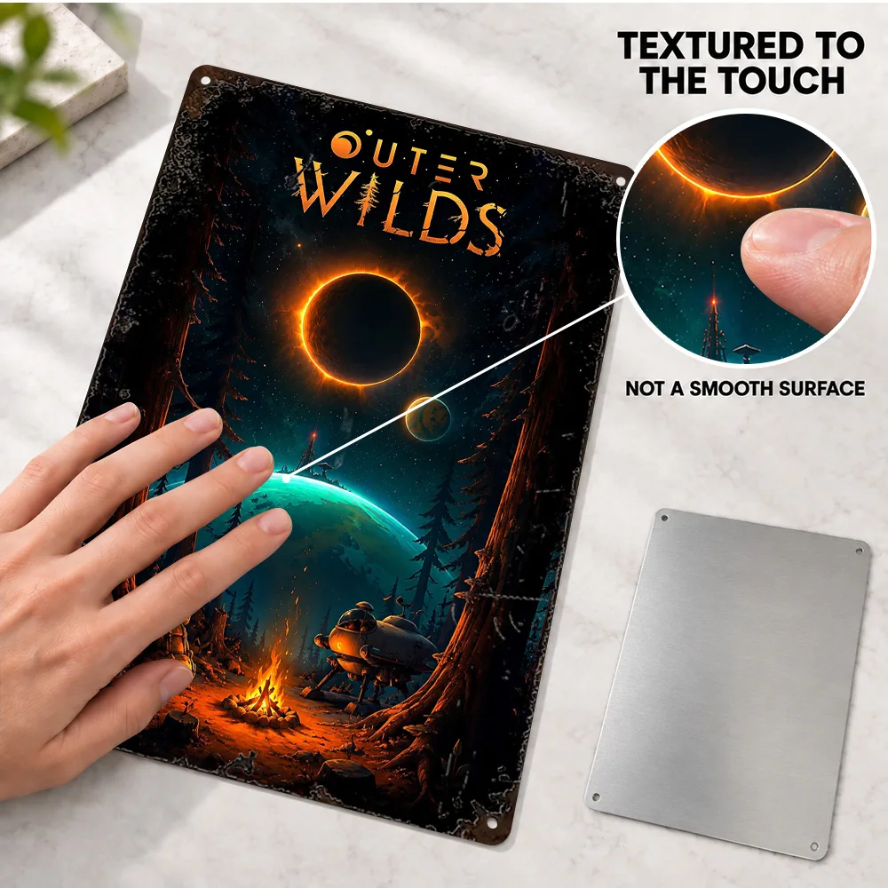 Outer Wilds Space Exploration Textured Metal Poster Personalized Aluminum Sign Detailed Digital Design Wall Art For Game Corner