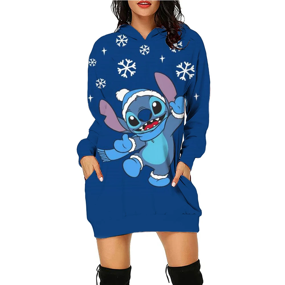 Disney Stitch Kawaii damskie bluzy z kapturem sukienka moda damska wysokiej jakości 2024 Streetwear młodzieńcza kobieta ubrania świąteczne sweter