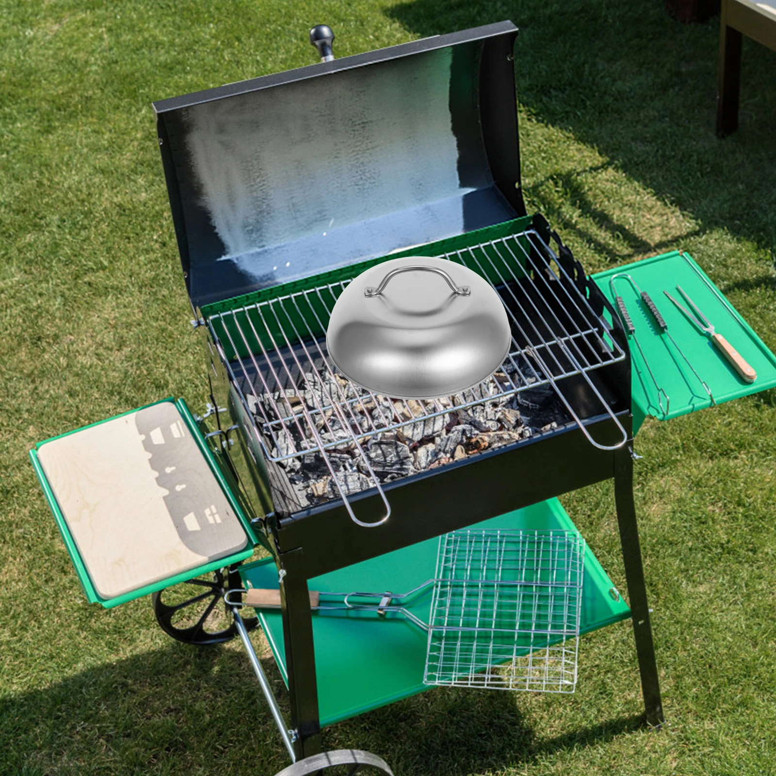 

Stainless Steel BBQ Pot Lid 9 Inch Round Dome Grill Basting Cover Steamer Teppanyaki Knob Replacement Portable Outdoor Camp