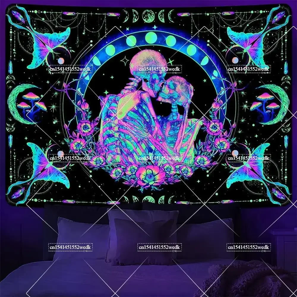 Hippie Skull Blacklight Tapestry UV Reactive Halloween Skeleton Tapestry Neon Glow In The Dark Wall Hanging Aesthetic Room Decor