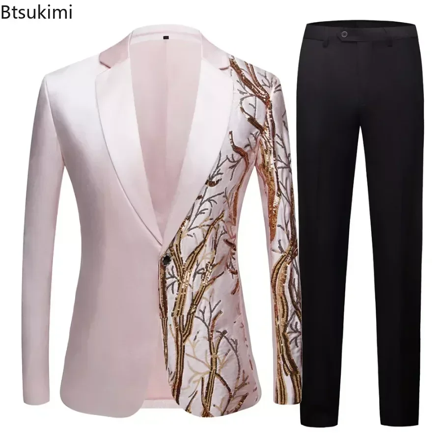 2026 Men's High-end Sequins Suit Sets Slim Banquet Wedding Groom Dress Luxury Design Evening Party Two Piece Sets Men's Outfits