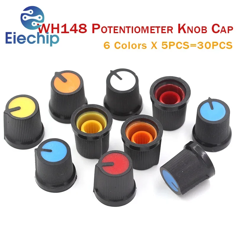 30pcs 6color WH148 Potentiometer Knob Cap(copper Core) 15x15MM Hole AG3 Yellow Orange Blue White Red 6color*5PCS=30PCS