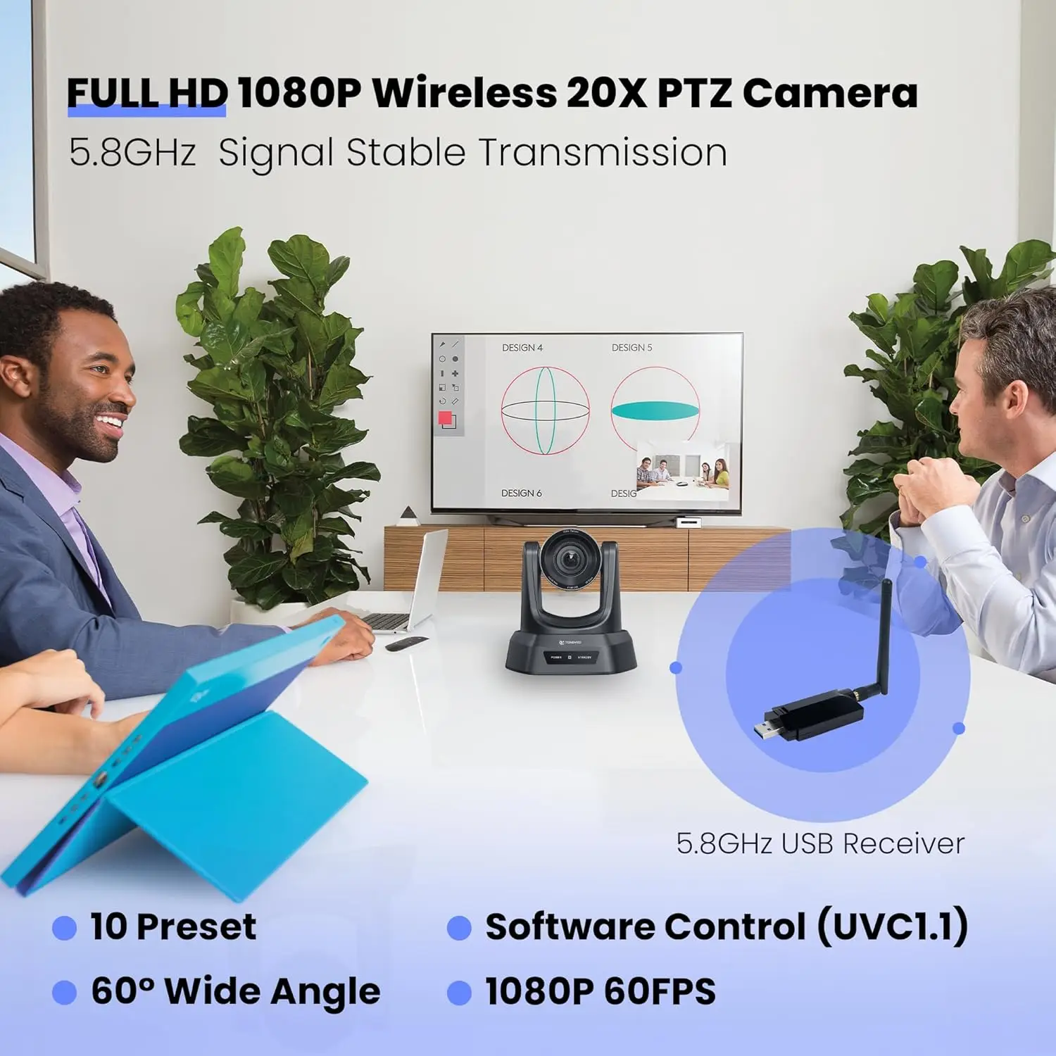 Conference Room Camera Church Live Streaming Wireless 20X USB 1080P 60fps PTZ Camera for Worship Services Online Conference