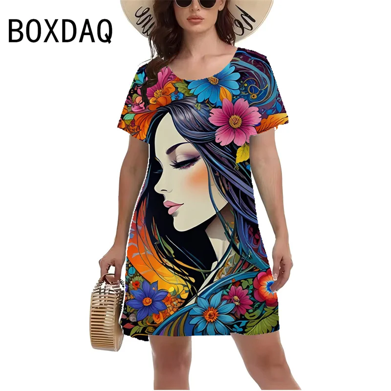 Women Fashion Personality Street Loose Dress Elegant Sexy Lady Facial Printed A-Line Dress Big Size 3XL Female Vestidos