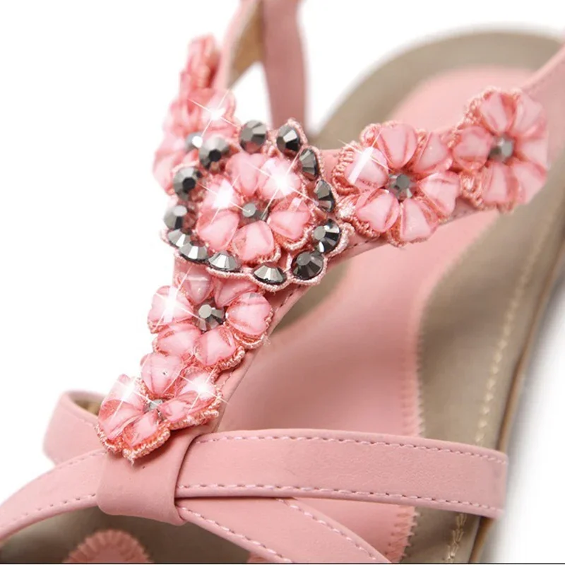 Large Size 35-42 Summer Women 1.5cm Platform 2cm Low Heels Sandals Female Bling Flower Sandals Lady Outside Cute Bohemian Shoes