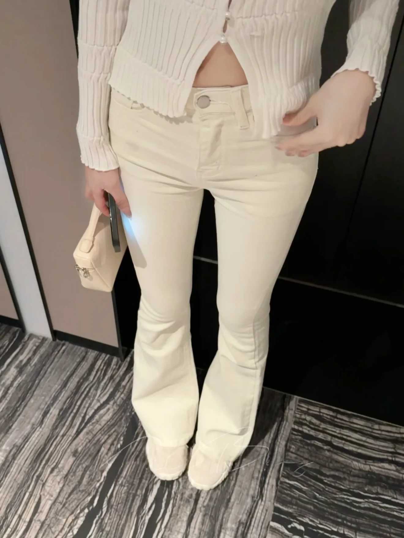 High Waist Flared Jeans Korean Style Pure Desire Slimming Hip Enhancing Cotton Stretch Denim Button Closure Ladies Jeans