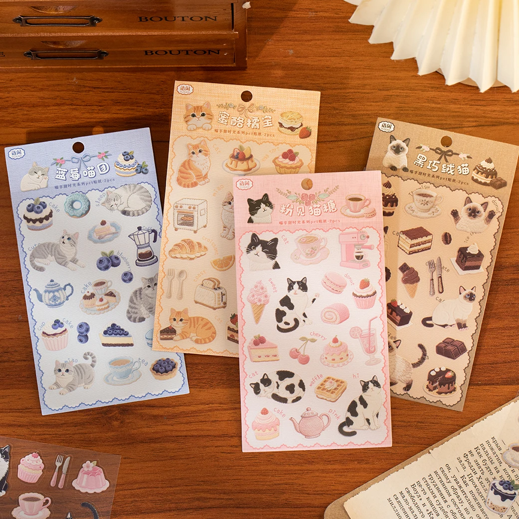 2/8 Pcs Meow Series Sticker Pack Aesthetic Food & Pet Material for DIY Scrapbook & Stationery Supplies Sweet Moments Theme