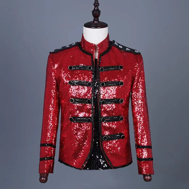 

Red Sequined Slim Fit Casual Suit Jacket For Male Singers Banquet Hosts Dance Teams Retro Performance Clothing Walking Show Suit