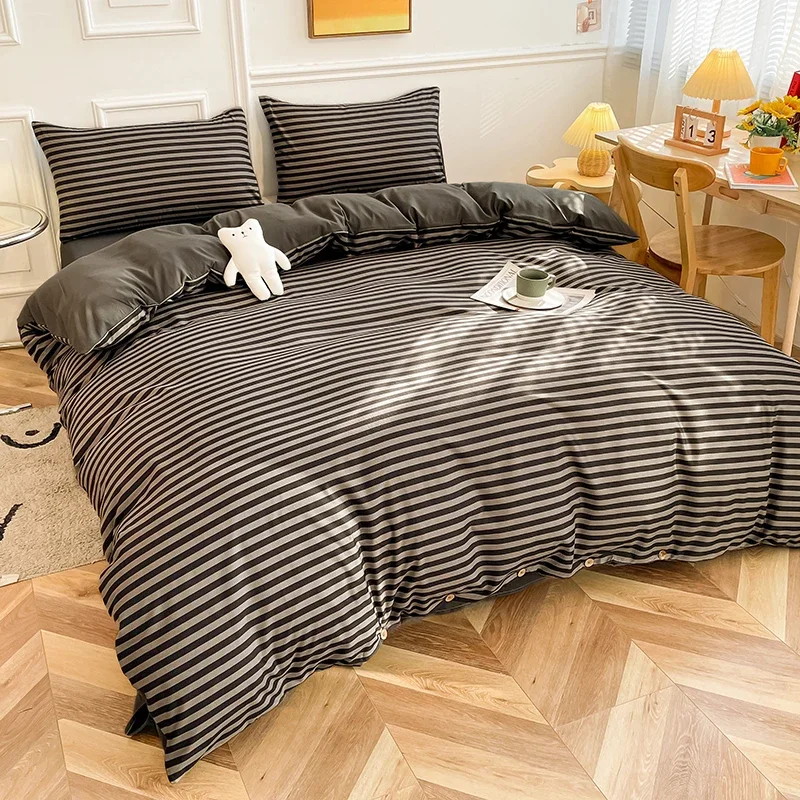 Black Stripe Duvet Cover 4 PCS Luxury Soft Geometric Pattern Bedding Set with Buttons Washed Cotton Comforter Cover Flat Sheet