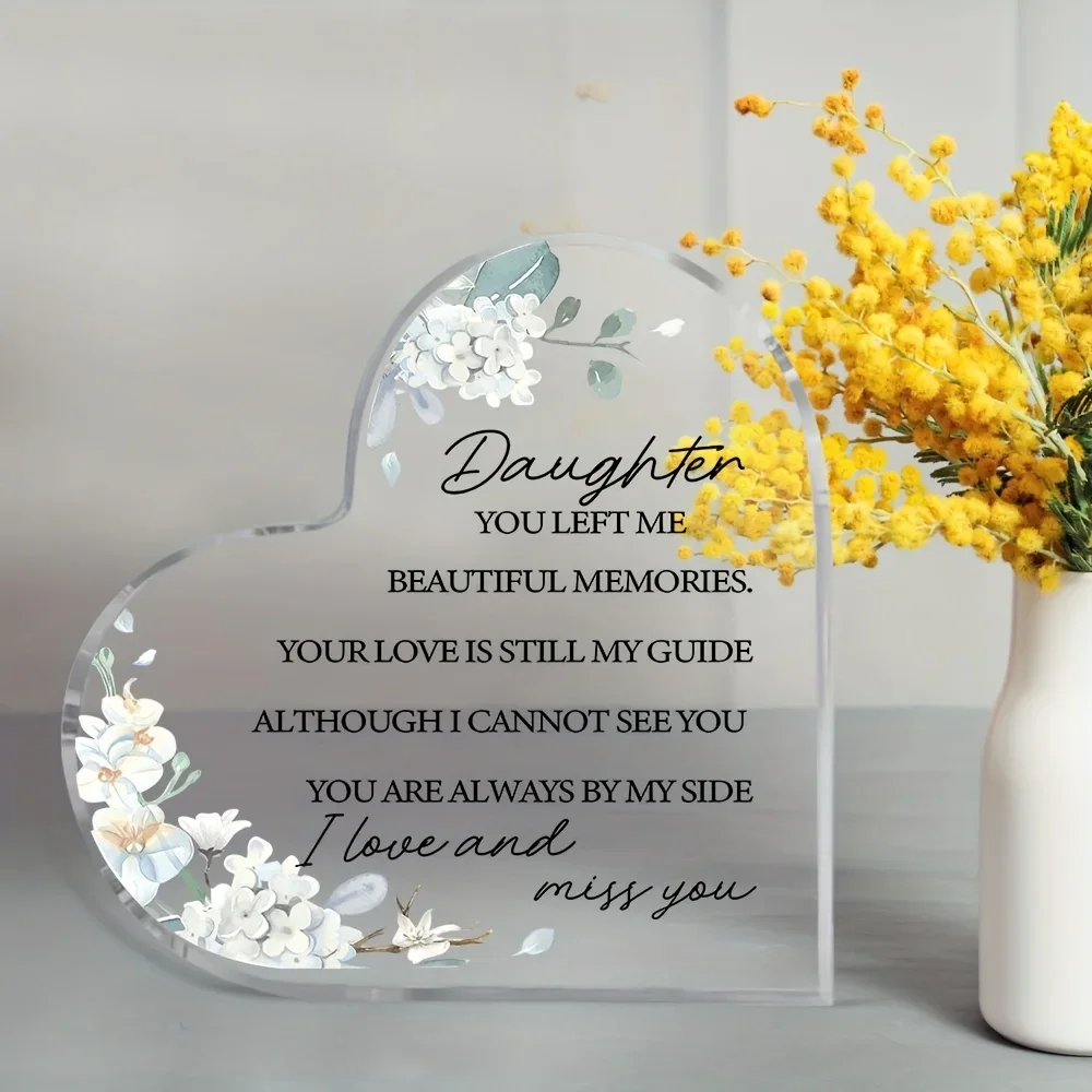 2D Flat Collectible Figurines Heart-Shaped Acrylic Daughter Memorial Plaque, 
