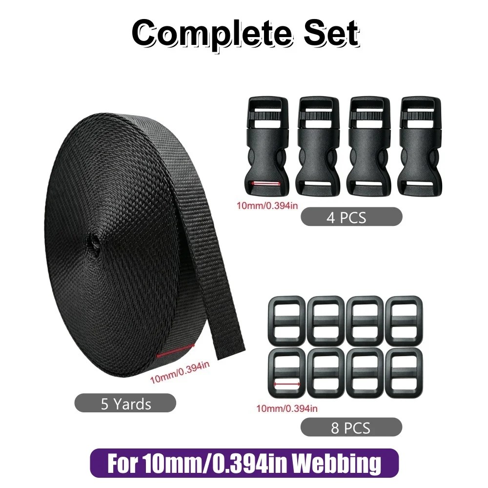 10-50mm 5 Yards Schwarzes Nylon-Gurtband, 4x Schnellverschluss-Schnallen, 8x Tri-Glide Schiebeclips DIY Rucksack-Schnallen und Gurtsätze
