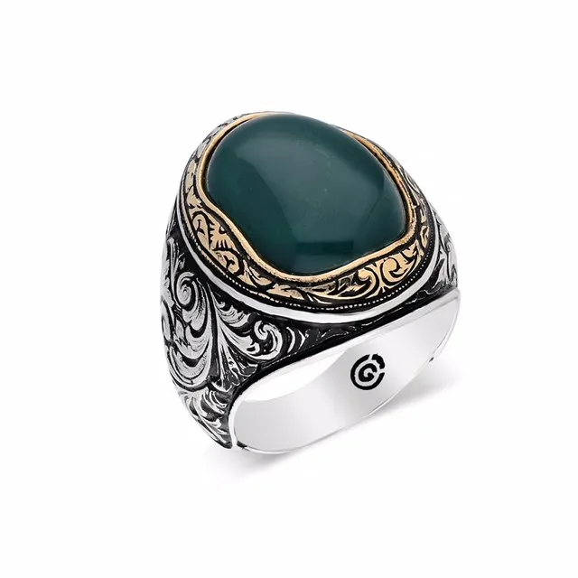 

Men Handmade Ring, Green Agate Ring, Aqeeq Gemstone Ring, Ottoman Ring , Türkish Handmade