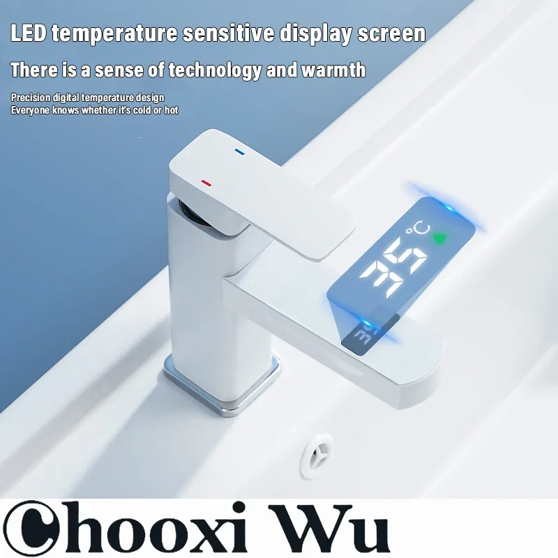 

CHOOXIWU -Цифровые смесители для раковины, умный смеситель для ванной комнаты, смесители для душевой комнаты, температура воды, светодиодный, черный, белый цвет, смеситель для раковины, вращающийся из нержавеющей стали