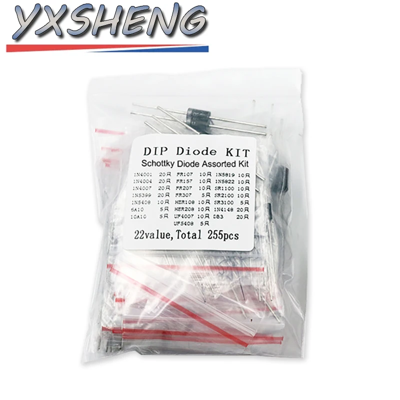 255PCS Fast Switching Rectifier Schottky Diode 1N4148 1N4007 1N4001 1N5408 1N5819 1N5822 6A10 10A10 UF4007 FR307 Assorted KIT