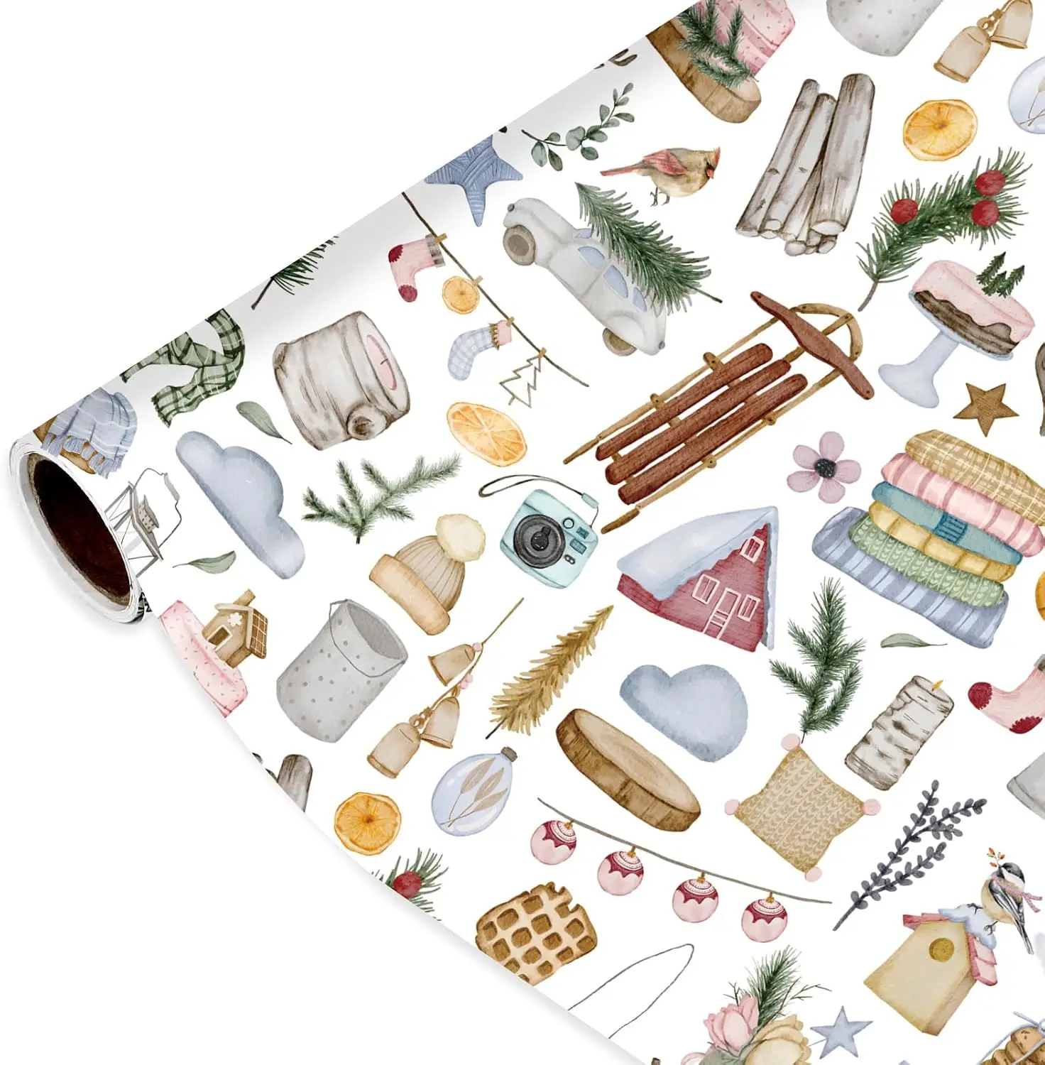 Rollo de papel de regalo de invierno - 17 pulgadas x 16.4 pies - Papel de regalo con temática acuarela de invierno acogedor, color rosa cálido, para Navidad, fiestas, Año Nuevo