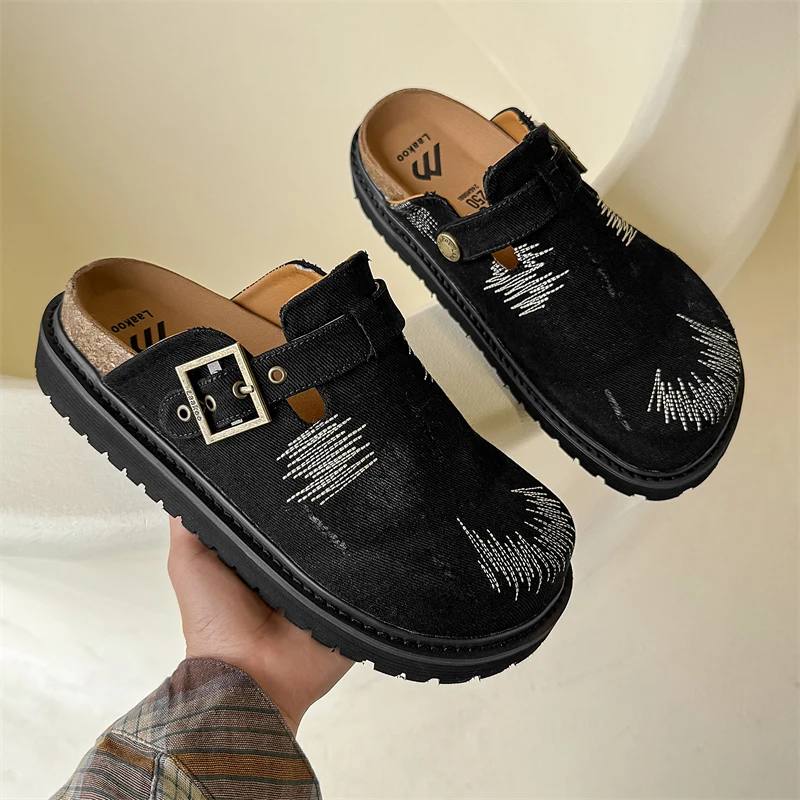 

Half Shoes for Men Women Couple Mules Loafers Slippers Open-back Casual Shoes Suede Leather Slides Sandal Platform Slip On Flats
