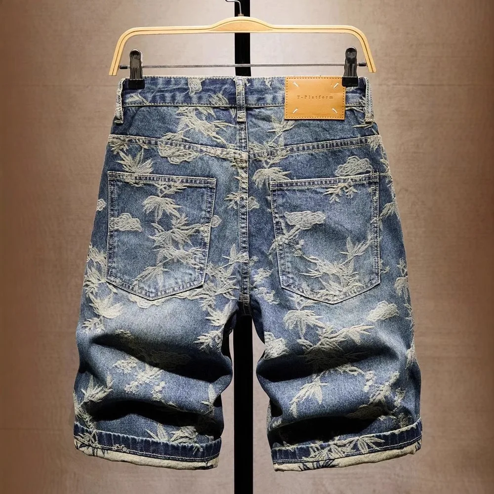 Summer Men's Casual Embroidered Denim Shorts American Style Loose Fitting Mid Length 5-point Jeans Shorts