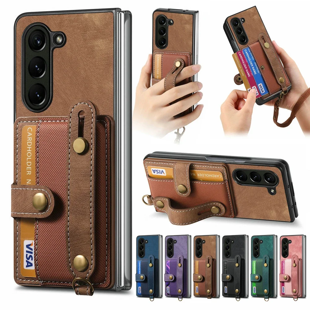 Luxury Case Wristband Leather Back Panel for Coque Samsung Galaxy Z Fold 6 5 ZFold 3 Fold4 Wallet Cover