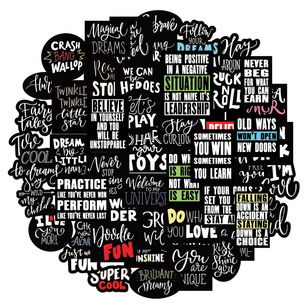 50PCS Instagram Style Black and White English Motivational Phrases Graffiti Stickers for Bicycle Hand Account Pencil Case Decals