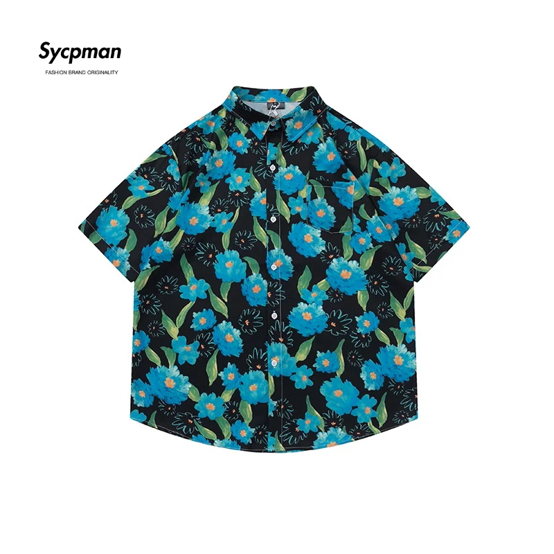 Sycpman-camisas de manga corta con estampado Floral Retro para hombre, camisa versátil holgada de verano, ropa informal para pareja