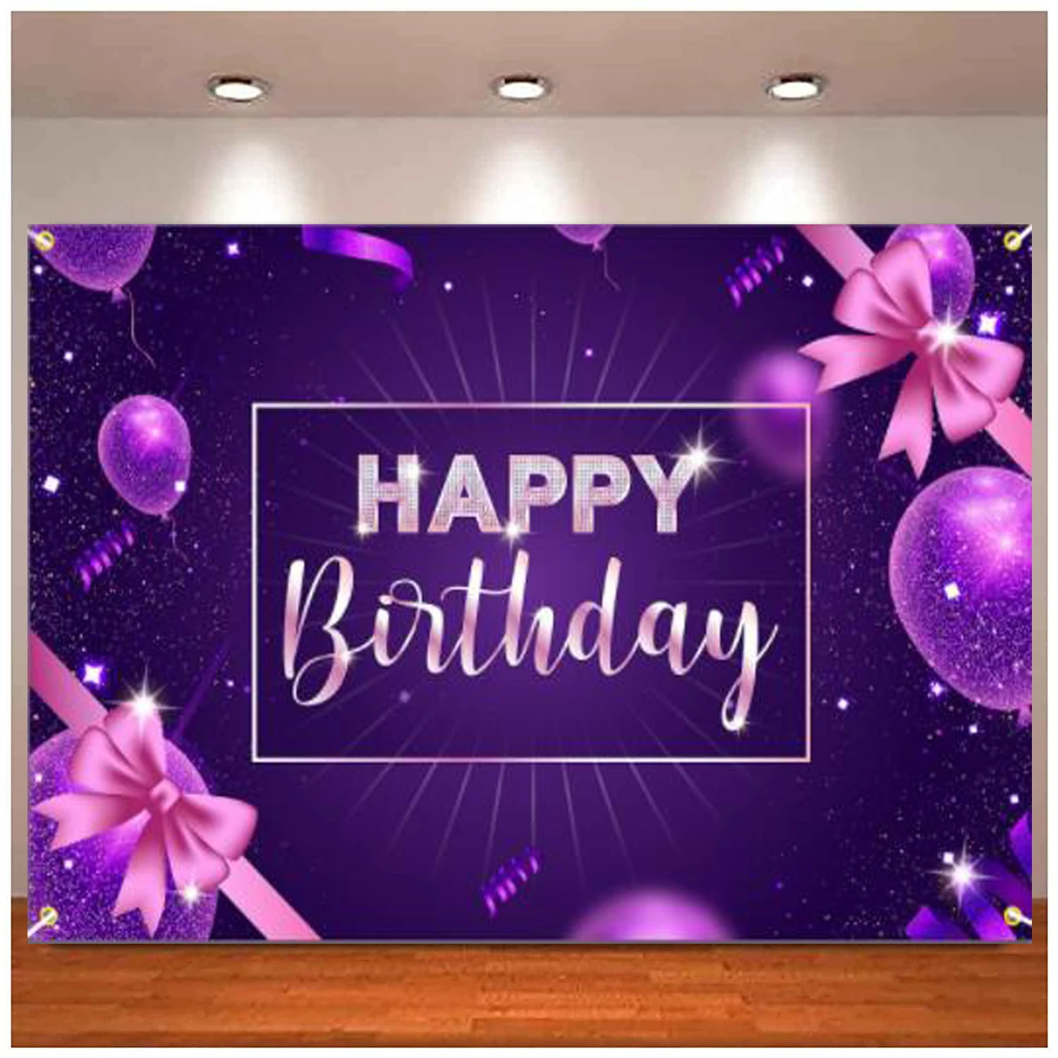 Happy Birthday Photography Backdrop Banner Purple Pink Bow Background Decor For Girls Women Adult Her Party Supplies Glitter