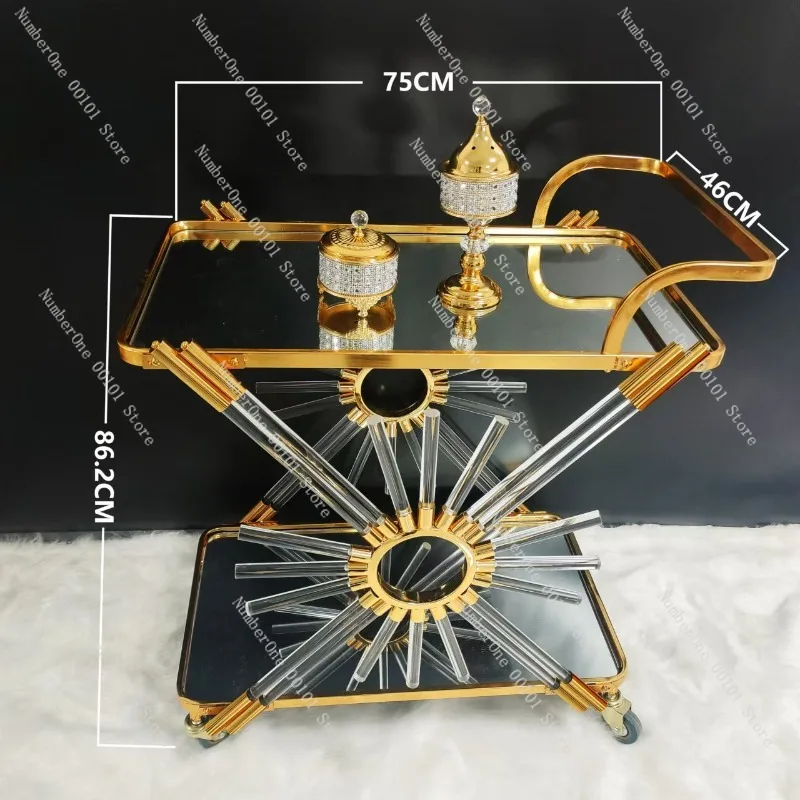 European Style Crystal Column Metal Serving Cart, Three-layer Glass Beverage Trolley for Hotel Wedding Banquet and Event Service