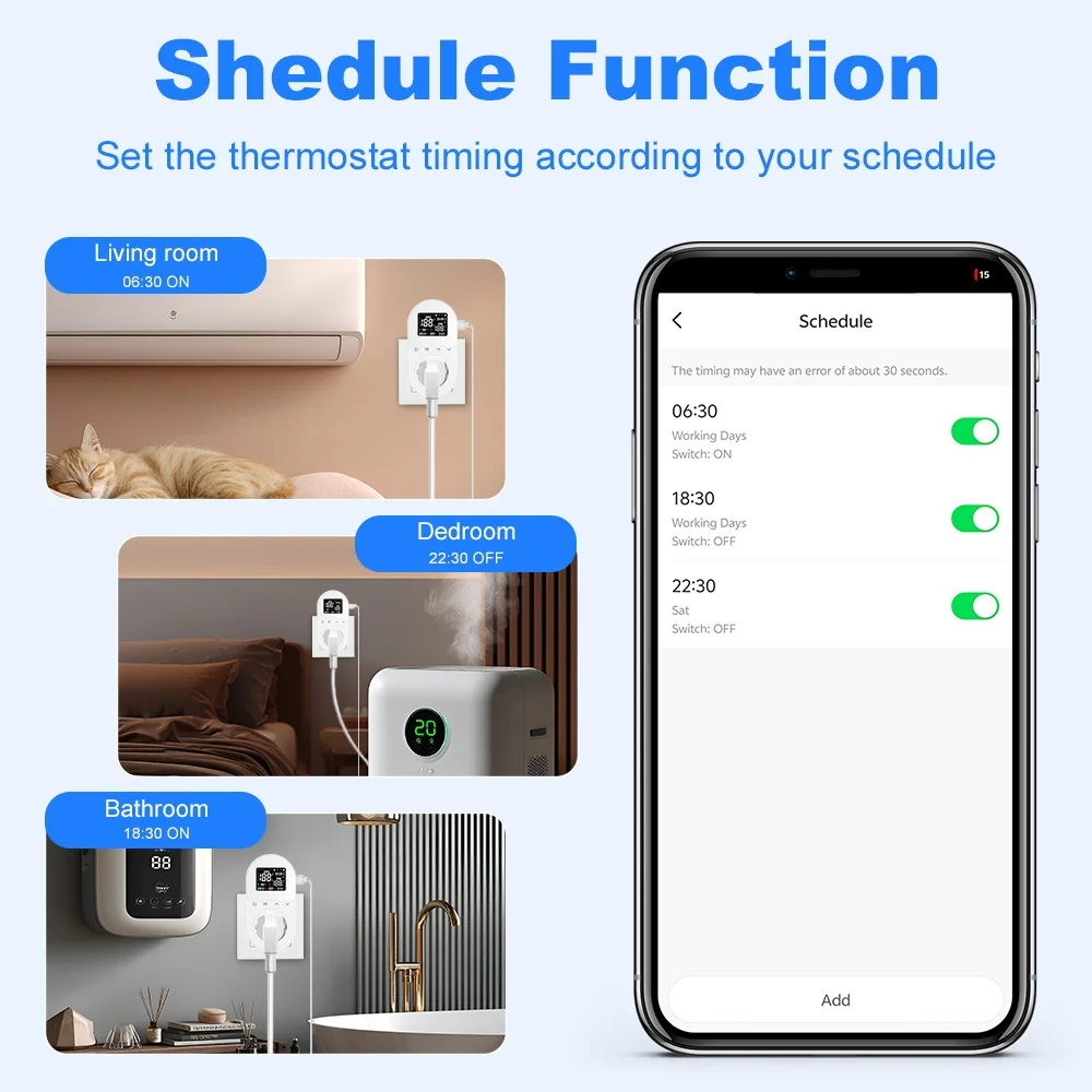Manhot Tuya WiFi المنزل الذكي ترموستات المقبس 16A منفذ الاتحاد الأوروبي التوصيل App التحكم الصوتي المقبس متحكم في درجة الحرارة التدفئة التبريد