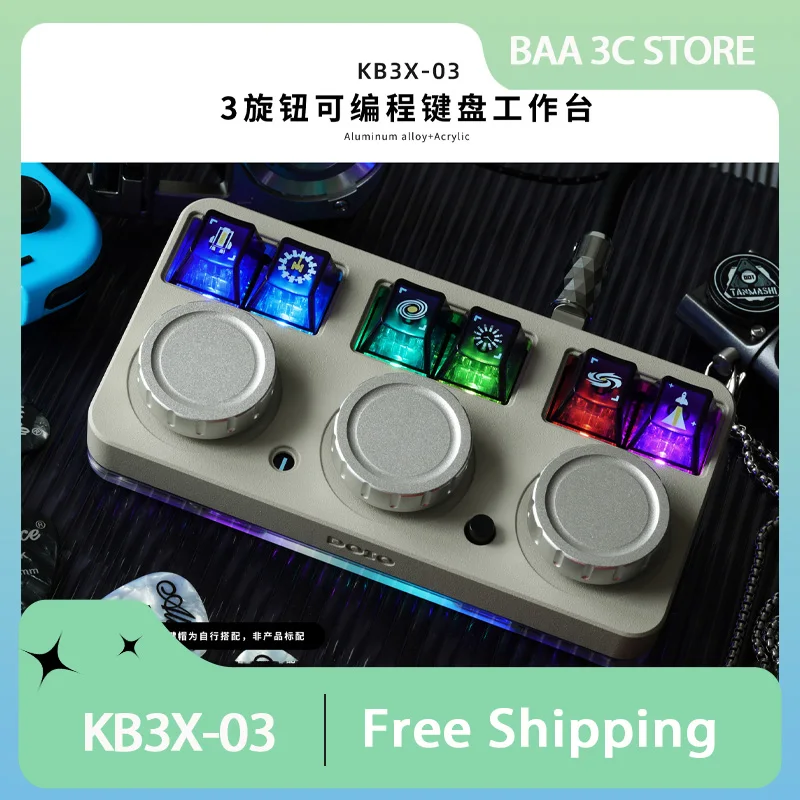 DOIO KB3X-03 Mechanical Keyboard Aluminum Alloy Multi-function Knob PS/PR Customized Programming OLED Screen Keyboard