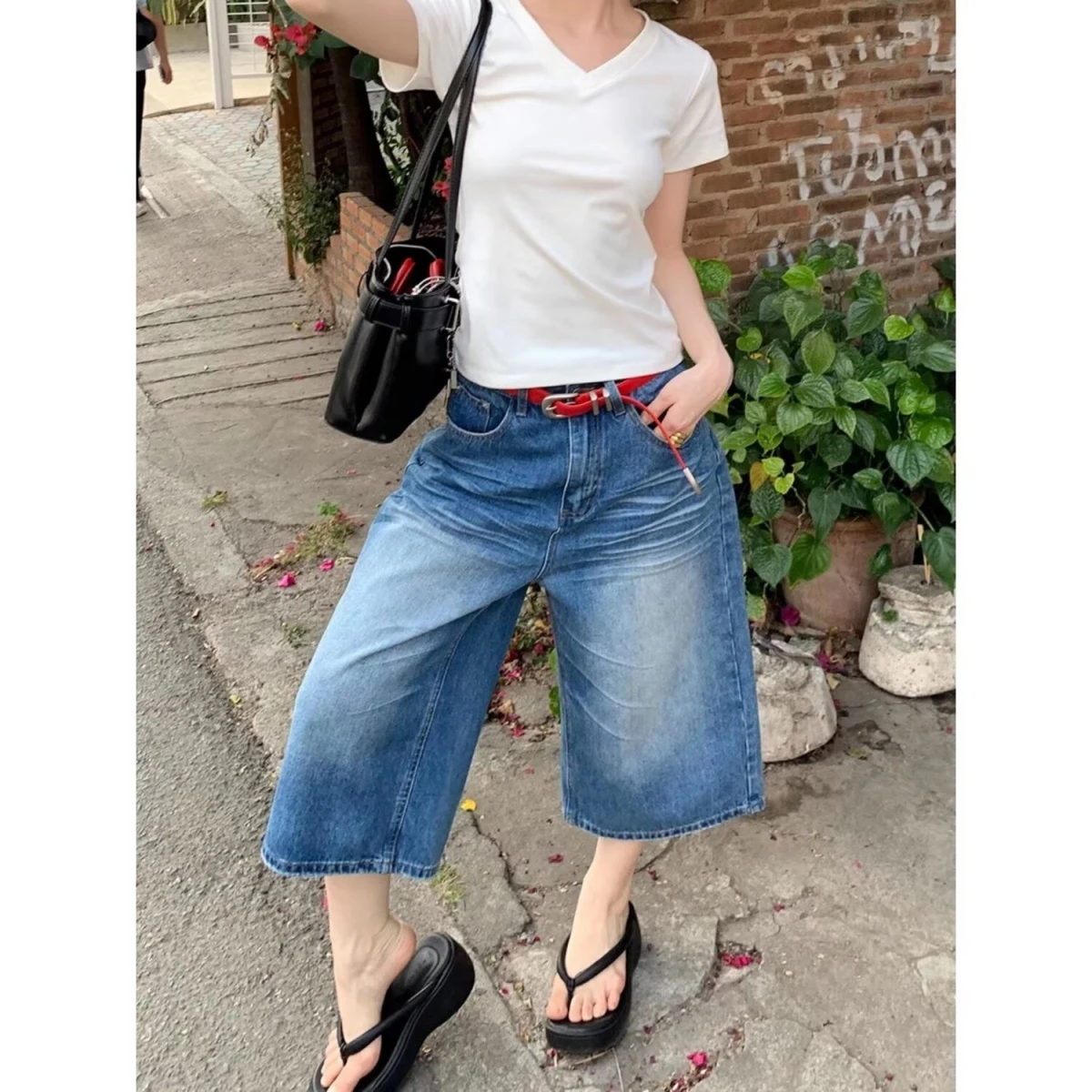 

American Retro Seven-Five Casual Jeans Women Summer High Waist Loose Straight Leg Jeans Mid-Length Straight Cut Denim Pants
