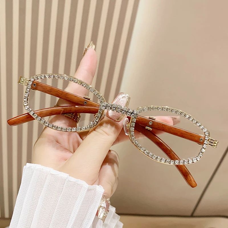 Owalne okulary przeciwsłoneczne w nowym stylu dla kobiet z diamentami, modne okulary przeciwsłoneczne w stylu retro z imitacją drewna, wysokiej klasy okulary przeciwsłoneczne — zdjęcie 6