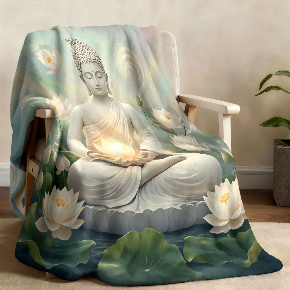 1pc Giant Buddha Lotus Flower Print 230 Flannel Blanket Multiple Sizes Soft Comfortable Nap Time Machine Washable Cover Blanket