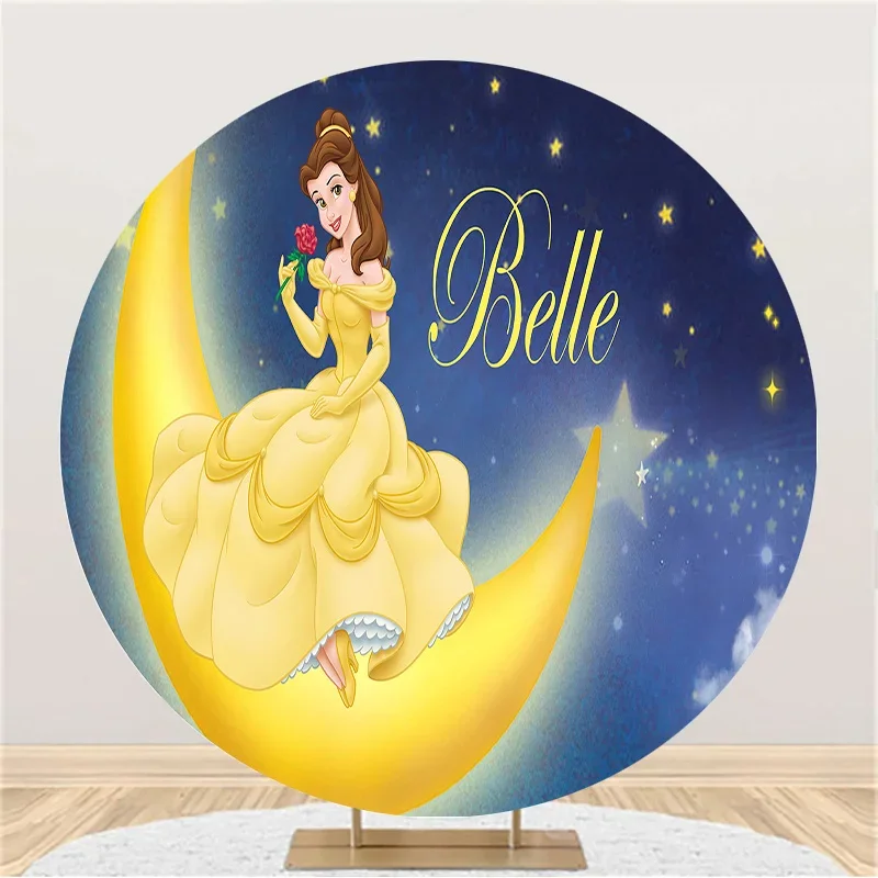 Disney Beauty and the Beast Circle Round Backdrop para meninas, princesa festa decoração de desenhos animados, aniversário infantil