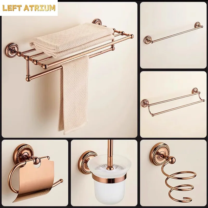Retro Luxury Rose Gold Bathroom Set: Toilet Brush, Toothbrush Holder, Towel Ring, Tissue Holder, and Bathroom Accessories