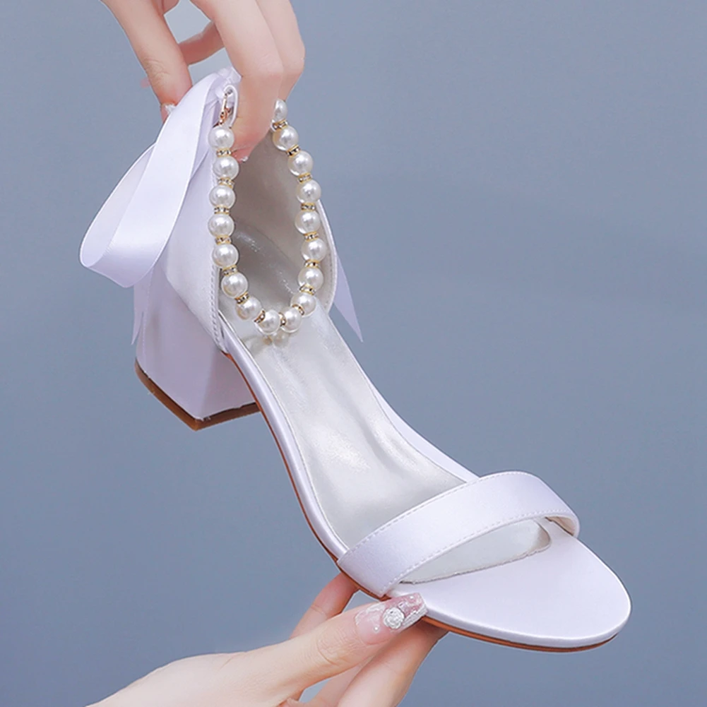 Crystal Queen Women Sandals String Bead Silk Square High Heels Buckle Strap Bridal Wedding Shoes Female Dress Pumps