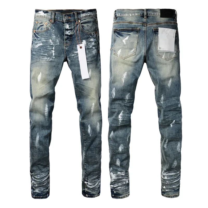 American Trend Brand Retro Jeans Do Old White Splash-ink Painted Men's Jeans Dark Blue Panwhite Denim Pencil Long-pants