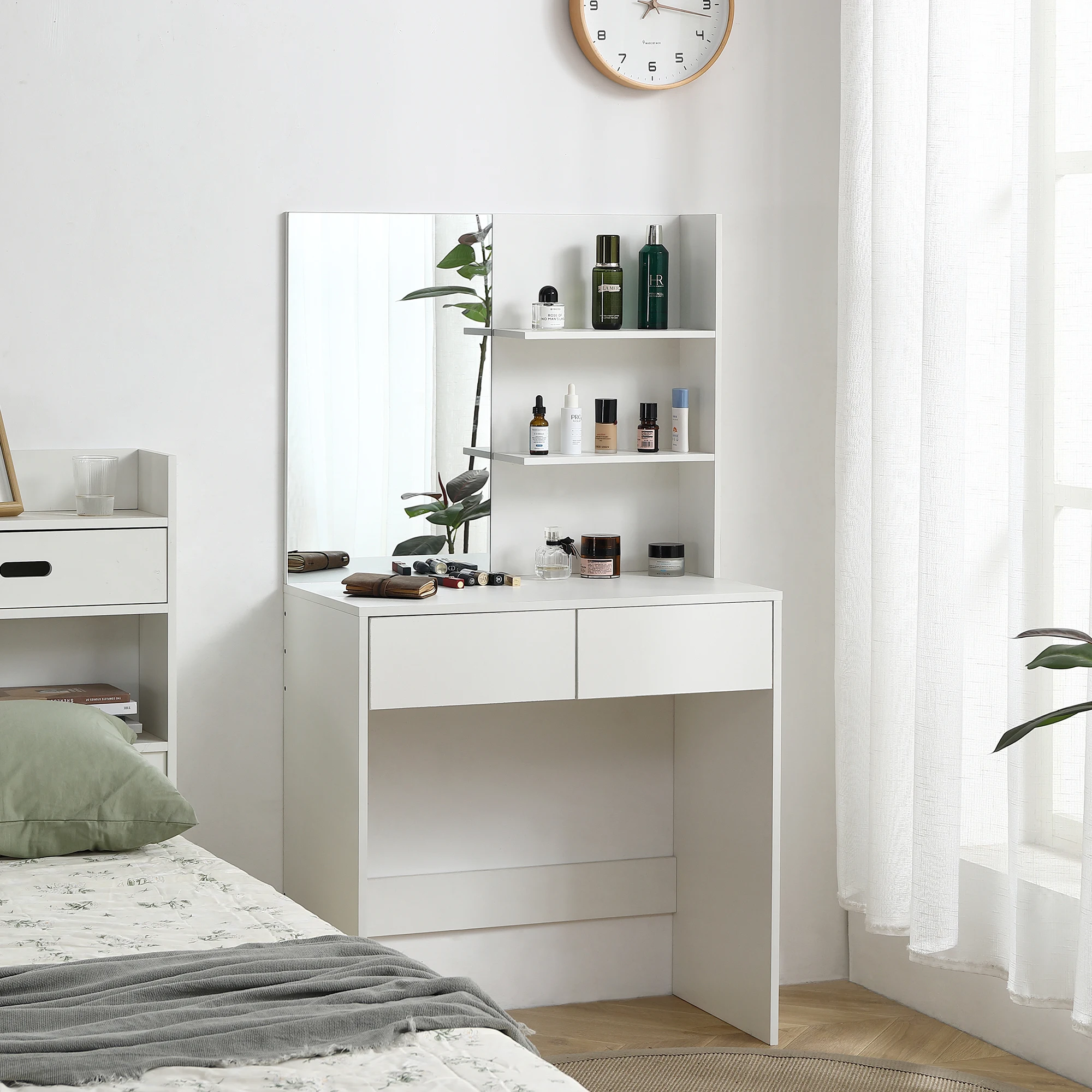 Dresser with mirror, dresser with 2 drawers and 3 layers of shelving, white, suitable for home bedroom