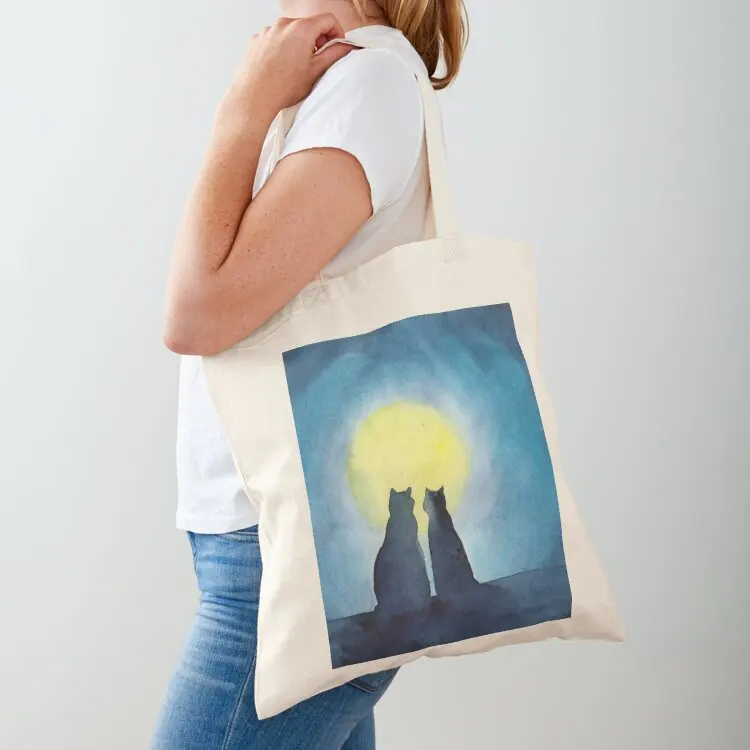 قطتان وقمر كامل حمل حقيبة تسوق أكياس عربة التسوق أكياس كبيرة الحجم للمتسوقين #1