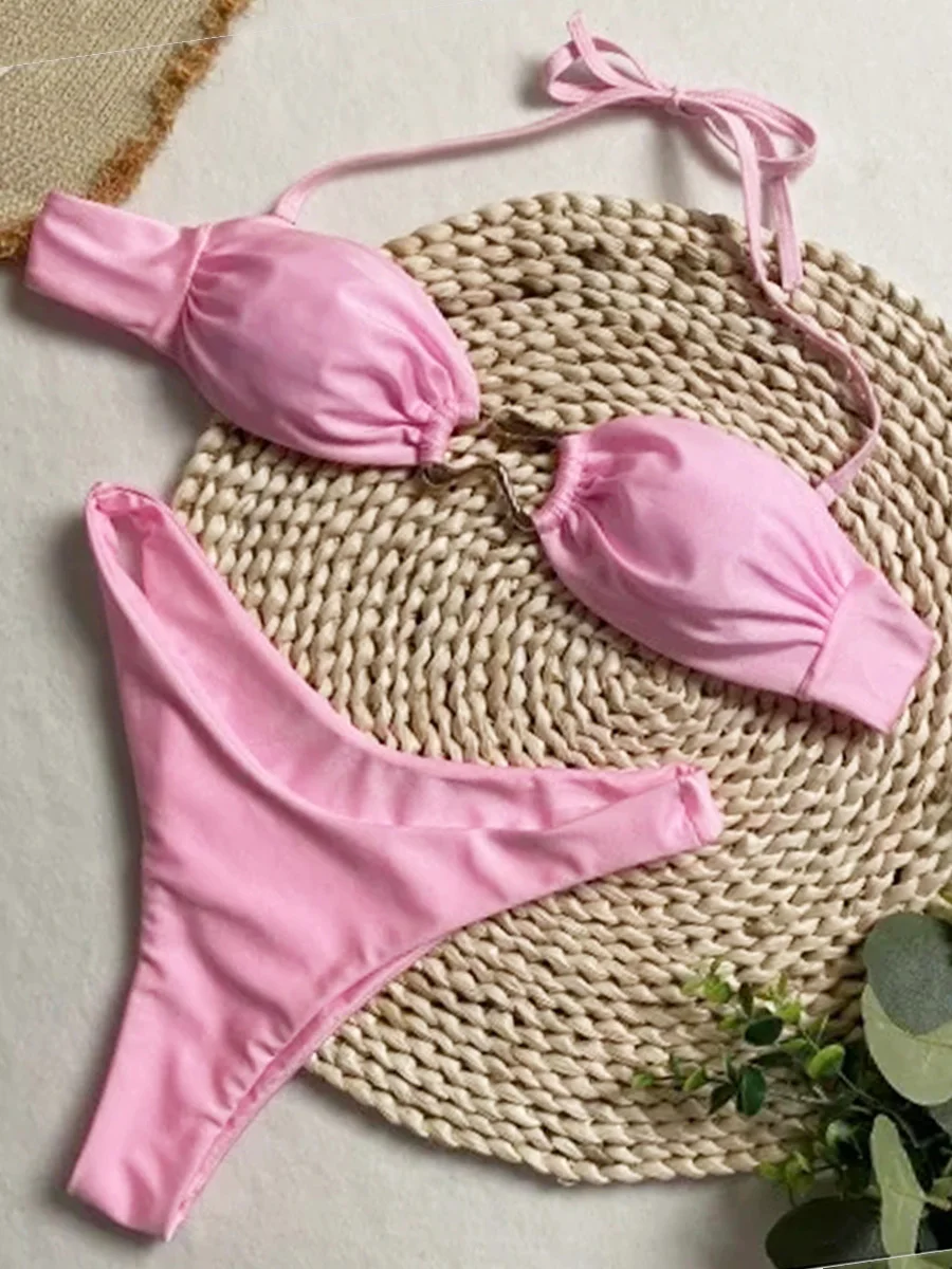 

Блестящее металлическое кольцо с высоким вырезом, бикини-бандо, женский купальник, женский купальник, комплект бикини из двух частей, купальный костюм без бретелек, купальный костюм для женщин