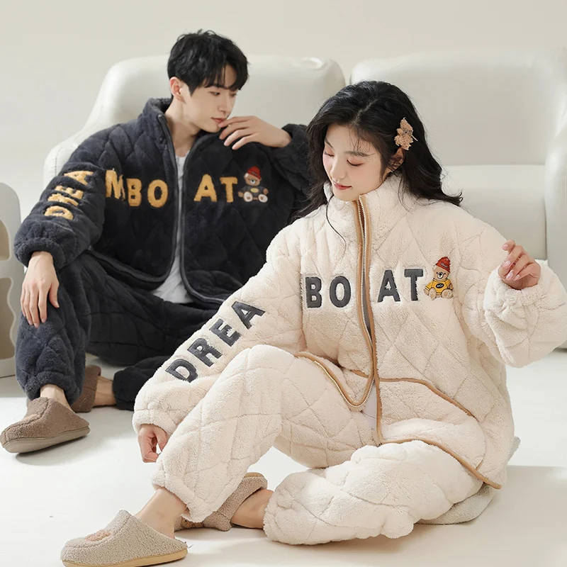 

Newest Couple Pajamas Set 3 Layer Clip Cotton Sleepwear Women Men Warm Fleece Pijama Lovers Home Clothing