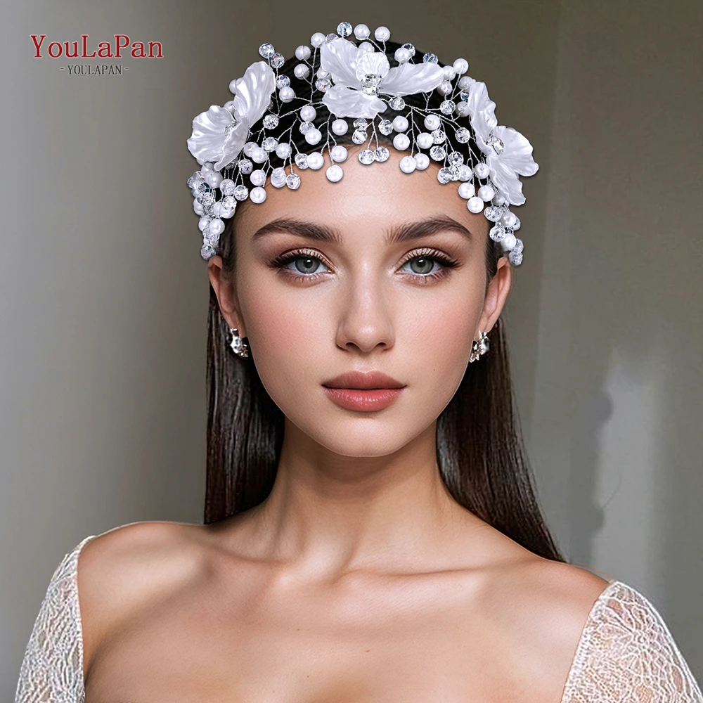 YouLaPan Elegant ผู้หญิงเพิร์ลคริสตัลดอกไม้ผมวง Headpieces แต่งงานเจ้าสาว Headwear อุปกรณ์เสริมผมแถบคาดศีรษะ HP820