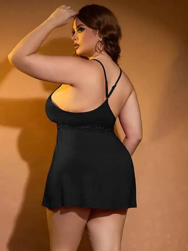 ชุดนอนผ้าซาตินสีน้ำเงินกรมท่าไซส์ใหญ่ แต่งขอบลูกไม้ที่คอ สายเดี่ยว สำหรับผู้หญิง ชุดนอนนุ่มสบาย ชุดมินิเดรสสำหรับผู้หญิง TAWL