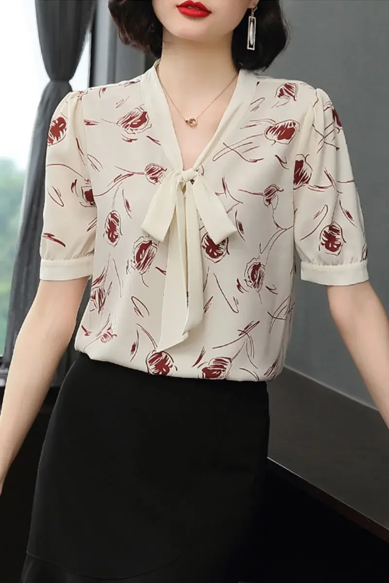 

New Fashionable and Fashionable Middle-aged Mother Bow Streamer Floral Chiffon Shirt for Women Short Sleeves