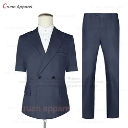 Fashion Navy Blue Linen Suit Sets For Men Summer Holiday Casual Outfits Birthday Party Tailor-made Slim Fit Short Blazer Pants