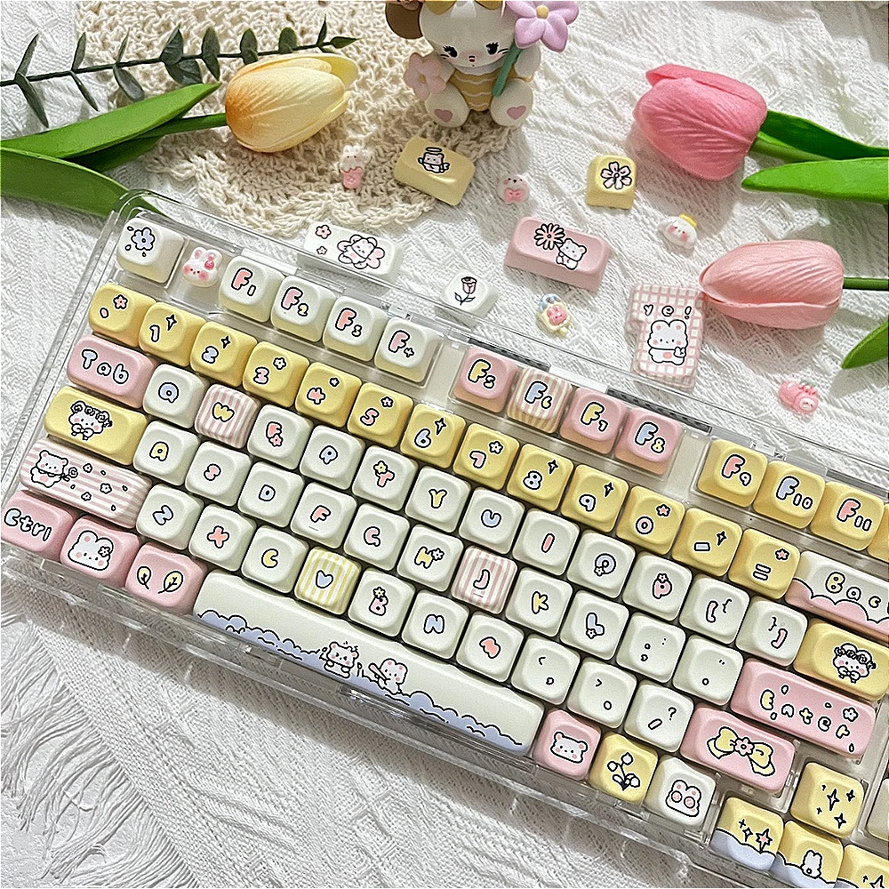 140 Toetsen Schattige Keycaps Voor Meisjes Tuin Op De Wolken Eoa Vijfzijdige Sublimatie Pbt Diy Mechanische Toetsenbord Cartoon Bunny Keycap