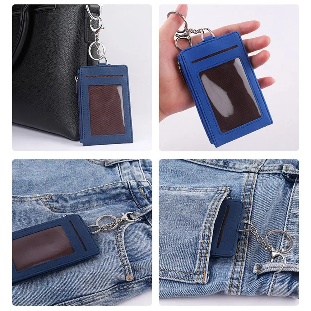 PU Leather Wallet Folding Type Carabiner Style ID Lanyard Name Tag Card Bag Key Chain Card Badge Holder