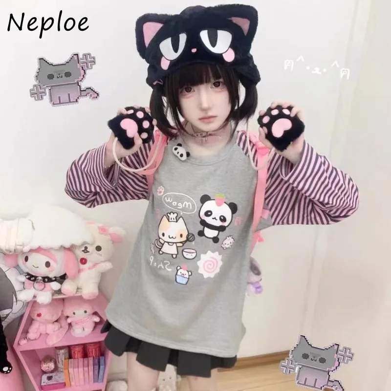 Neploe Japanese Cute Loose All-match Sweatshirts Spring Autumn New O-neck Tops Women Y2k Long Sleeve Striped Pullovers