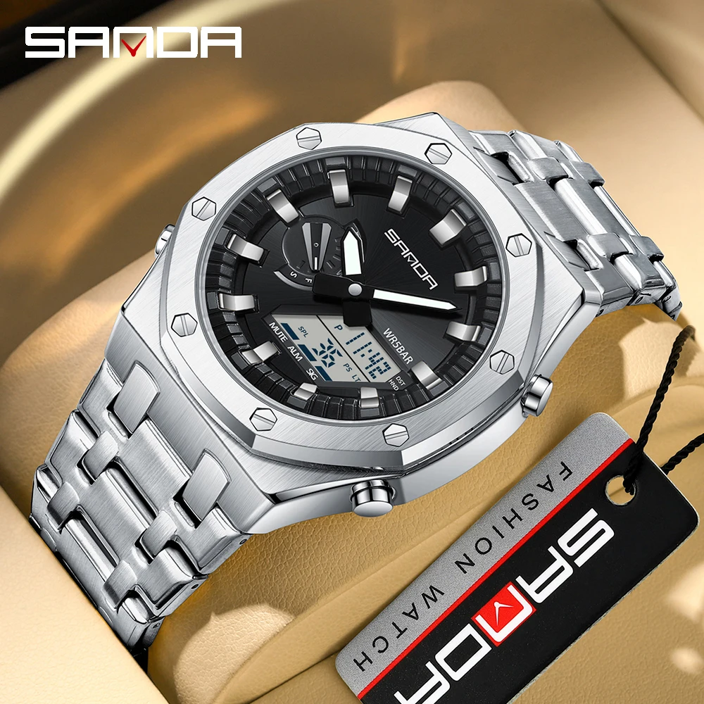 Sanda 3357 New Electronic Watch with Steel Band Lifting Hand Light Trendy and Cool Men's Multi functional Electronic Watch