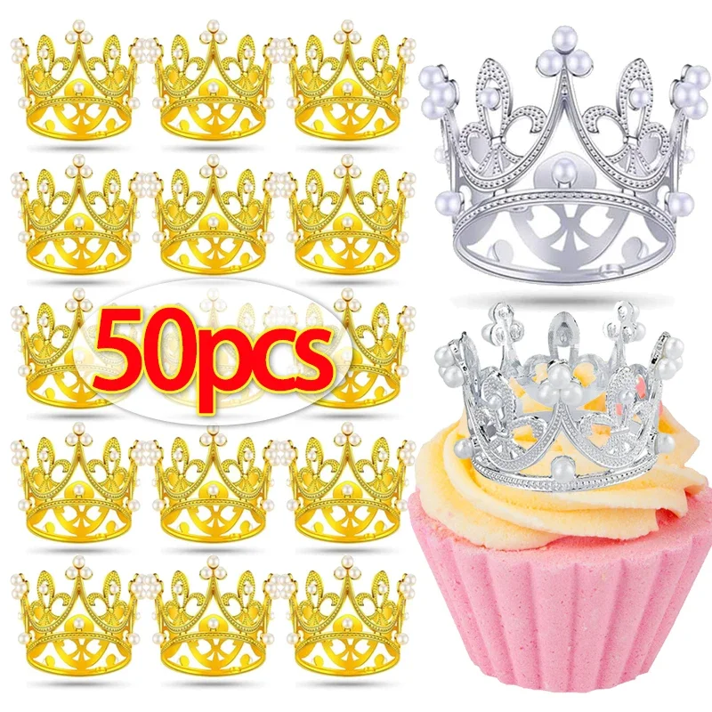 Mini couronne de décoration de gâteau, or, argent, perle, décoration de Cupcake, fournitures de décoration d'anniversaire et de mariage, vente en gros