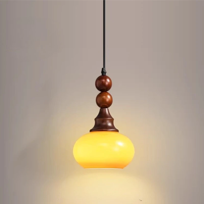 Nordic Designer Led Yellow Glass Pendant Light Living Room Bar Bedroom Kitchen Chandelier 2 Heads Round Ball Wooden Hanging Lamp